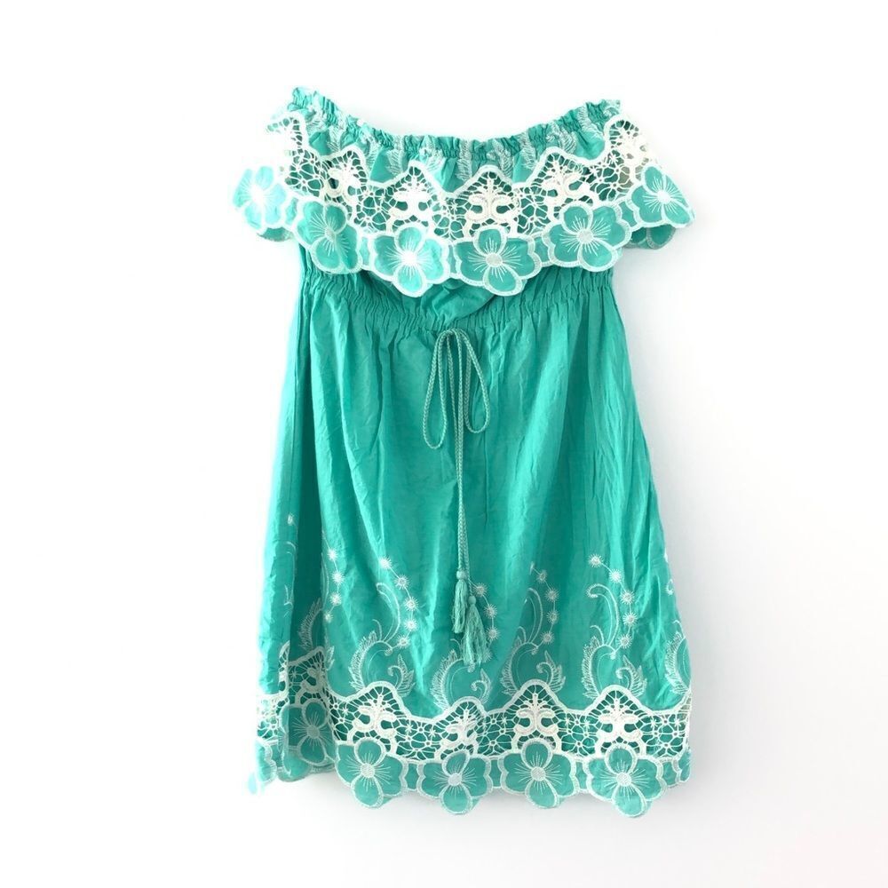 Strapless Cotton Dress Ruffle Floral Lace By Hello Miss in Turquoise